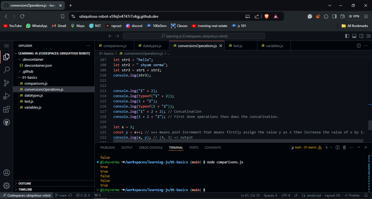 ishyverma's tweet photo. 🔍 Was revising JS with Chai aur Code and learned a lot more! 📝 Comparisons were insightful, conversions a bit confusing. Also started with GitHub Codespaces. Great videos! 🎉 #JavaScript #ChaiAurCode #GitHubCodespaces #WebDev #CodingJourney https://t.co/KE7OwDEv4Q