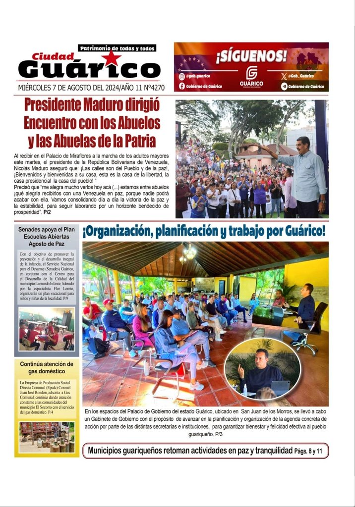 DiGasGuarico's tweet photo. Presentamos la Portada del Diario #CiudadGRC, titulando hoy #7agosto:

¡Organización, planificación y trabajo por Guárico!

Visita la página web del Gobierno de Guárico y leé la edición digital. 
#VenezuelaHaceJusticia
Vía || @Gob_Guarico

@NicolasMaduro @josemvasquez @_Vpsops https://t.co/D5F8T3YXNt