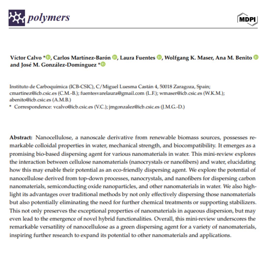 ICB_CSIC's tweet photo. 📌 Un artículo del GCNN calificado como "Editor's Choice" por @MDPIOpenAccess 

📄 '#Nanocellulose: The Ultimate Green Aqueous Dispersant for #Nanomaterials' 

🔎 Versatilidad como agente dispersante #ecológico para diversos #nanomateriales

🔗 https://t.co/MzM4U71k0Y https://t.co/Ud1iPE9ItP