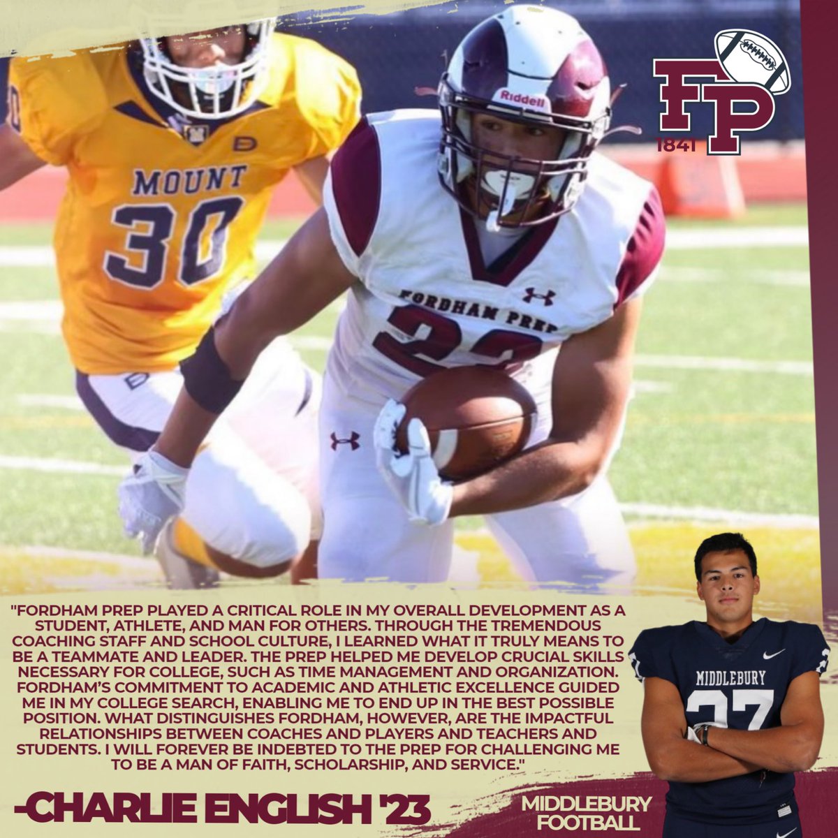 Good Luck to Charlie English ‘23 and <a href="/MiddFootball/">Middlebury Football</a> on their upcoming season. 

Go Rams! 🐏🏈

#AMDG #GoRams #HomeOfChampions