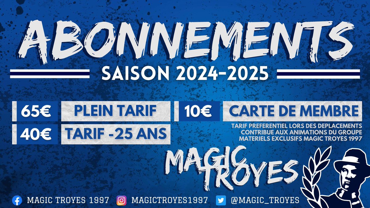 🎟Abonnements 2024/2025

📆 Permanence jeudi de 18h à 19h30 devant la billetterie du stade de l’Aube

✉️Documents à transmettre: 
      - RIB 
      - Votre pièce d’identité

Possibilité de le faire en ligne soit en MP soit par mail —>magictroyes@sfr.fr

MAGIC TROYES 1997 🔵⚪️