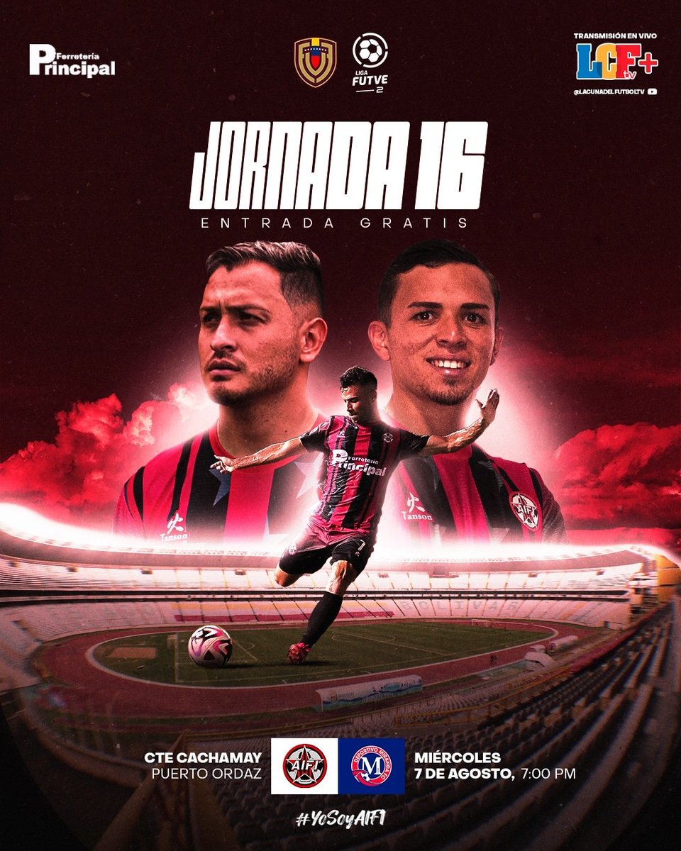 Nuevo torneo, mismo objetivo: respetar la casa 🏃🏻‍♂️⚔️

🏆 J16 • Torneo Clausura
📅 MIÉ, 07 de agosto
🏟 CTE Cachamay, Puerto Ordaz
🆚️ Dvo. Miranda FC
⌚️ 7:00PM
🚧 ENTRADA GRATIS
💻 Transmisión en vivo • <a href="/lacunadelfutbol/">La Cuna del Fútbol TV</a>

¡Los esperamos, familia AIFI! ¡VAMOS! ❤️🖤

#YoSoyAIFI