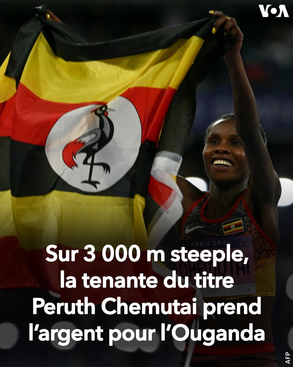 VOAAfrique's tweet photo. 🏃🏿♀️ #Jeuxolympiques #Paris2024 🏃🏿♀️
Sur le 3 000 m #steeple, l'Ougandaise 🇺🇬 Peruth #Chemutai s'empare de la médaille d'argent, tandis que la Kenyane 🇰🇪 Faith #Cherotich se pare de bronze. https://t.co/oBJvAlaKZc