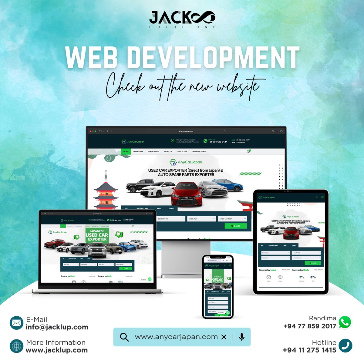 jacklupsolution's tweet photo. 𝗪𝗲'𝘃𝗲 𝗟𝗮𝘂𝗻𝗰𝗵𝗲𝗱 𝗮 𝗦𝘁𝘂𝗻𝗻𝗶𝗻𝗴 𝗡𝗲𝘄 𝗪𝗲𝗯𝘀𝗶𝘁𝗲 𝗳𝗼𝗿 𝗔𝗻𝘆𝗖𝗮𝗿𝗝𝗮𝗽𝗮𝗻! 

Check it out: https://t.co/V2KwgqG9DU

Contact Us:
📞 +94 11 275 1415
📧 info@jacklup.com
🌐 https://t.co/yc8CNOrRL1
📲 WhatsApp: +94 77 859 2017

#WebDevelopment https://t.co/atQRLw8Co4