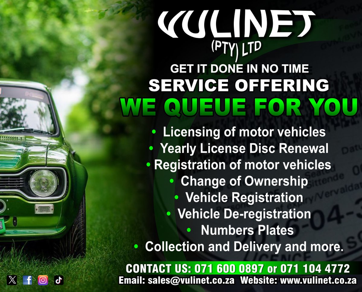 Vulinet Pty Ltd (@vulinet) on Twitter photo VULINET (Pty) Ltd- Yearly License Disc Renewal and Change of ownership and more. We skip the queue, ask us how.
Call NOW! 0716000897 / 0711044772 or email us on sales@vulinet.co.za
Visit our website: vulinet.co.za
#Vulinet #ownership #renewal #CarOwnership #LicenseDisc VULINET (Pty) Ltd- Yearly License Disc Renewal and Change of ownership and more. We skip the queue, ask us how.
Call NOW! 0716000897 / 0711044772 or email us on sales@vulinet.co.za
Visit our website: vulinet.co.za
#Vulinet #ownership #renewal #CarOwnership #LicenseDisc