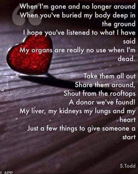 Thank you to our good friend Sarah Todd for writing such an inspirational poem following her mum’s heart transplant.

Let's SHARE it far and wide so we can inspire more people to think about #OrganDonation...1/2