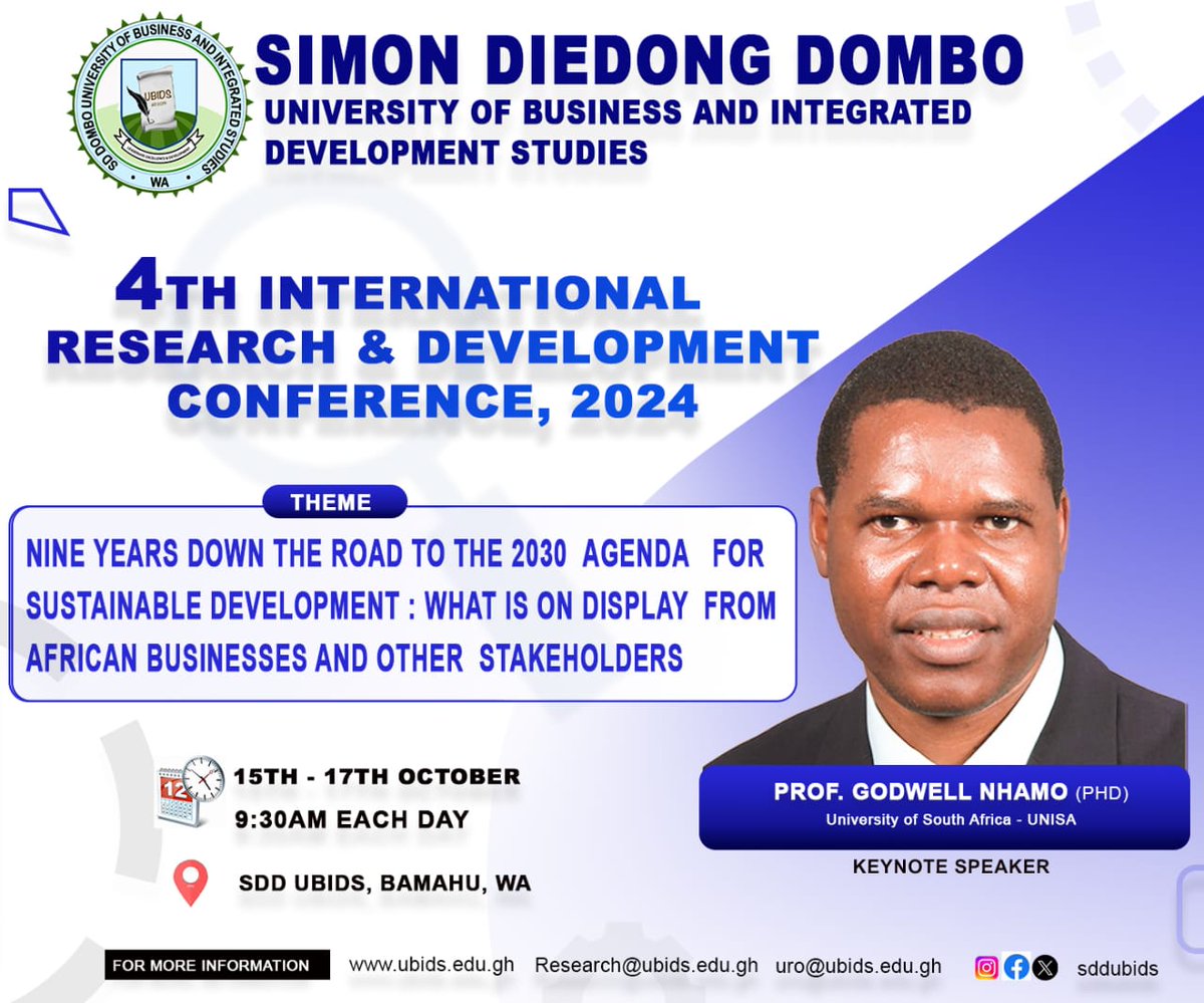 Join us for the 4th International Research &amp; Development Conference 2024 at UBIDS from October 15-17. Discover how African businesses are driving sustainable development. Don't miss Prof. Godwell Nhamo's keynote! 🚀

#Africa2030 #UBIDSConference