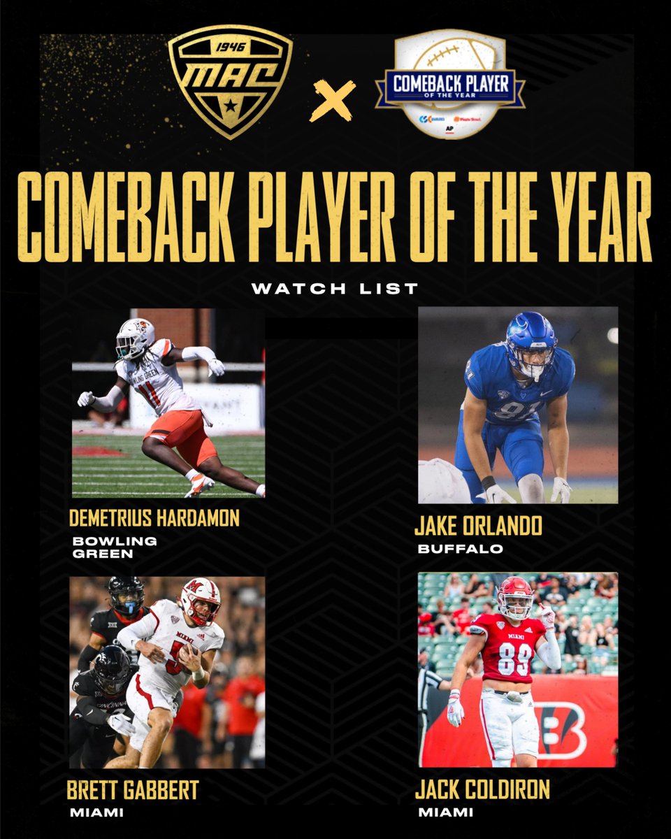 MACtion (@macsports) on Twitter photo Congrats to <a href="/DHardamon/">Demetrius Hardamon</a>, <a href="/jake_orlando2/">Jake Orlando</a>, <a href="/BrettGabbert/">Brett Gabbert</a> and <a href="/ColdironJack/">Jack Coldiron</a> for being named to the Comeback Player of the Year Award Watch List!
<a href="/ComebackPlayrFB/">ComebackPlayrFB</a> | #MACtion 🏈 Congrats to <a href="/DHardamon/">Demetrius Hardamon</a>, <a href="/jake_orlando2/">Jake Orlando</a>, <a href="/BrettGabbert/">Brett Gabbert</a> and <a href="/ColdironJack/">Jack Coldiron</a> for being named to the Comeback Player of the Year Award Watch List!
<a href="/ComebackPlayrFB/">ComebackPlayrFB</a> | #MACtion 🏈