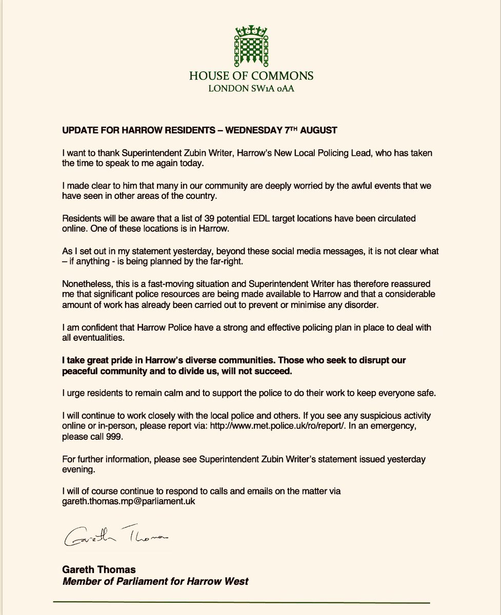 UPDATE FOR HARROW RESIDENTS –

I want to thank Superintendent Zubin Writer, Harrow’s New Local Policing Lead, who has taken the time to speak to me again today. 

I made clear to him that many in our community are deeply worried by the awful events that (1/7)