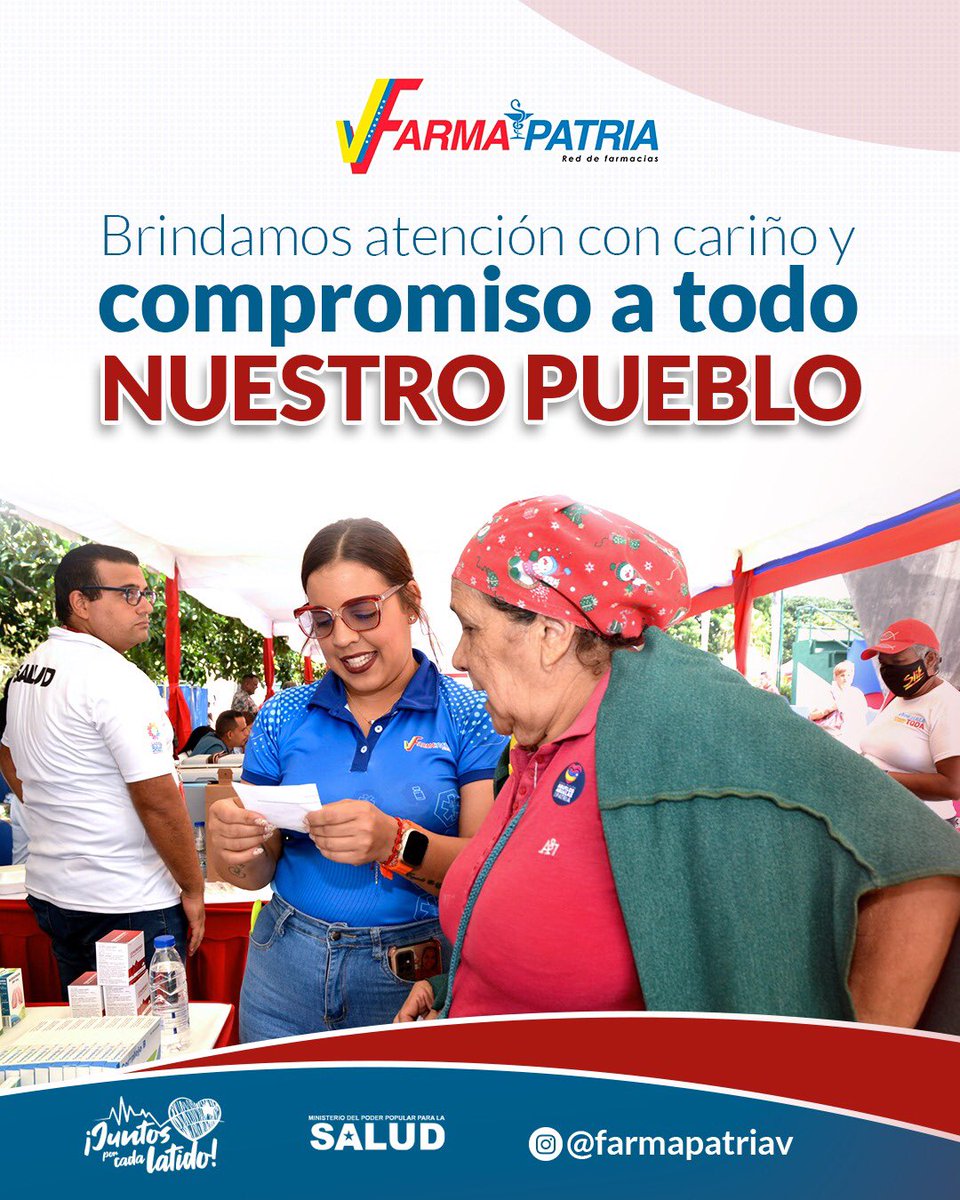 FarmapatriaVzla 🇻🇪 Oficial (@farmapatriav) on Twitter photo 💖 En #Farmapatria, atendemos con cariño y compromiso a todo nuestro pueblo.
💊 Asumimos el compromiso de cuidar de tu salud con el mayor profesionalismo y dedicación.
#Salud #Venezuela #7agosto #VenezuelaHaceJusticia #JuntosPorCadaLatido
<a href="/NicolasMaduro/">Nicolás Maduro</a> <a href="/MagaGutierrezV/">Magaly Gutiérrez Viña</a> 💖 En #Farmapatria, atendemos con cariño y compromiso a todo nuestro pueblo.
💊 Asumimos el compromiso de cuidar de tu salud con el mayor profesionalismo y dedicación.
#Salud #Venezuela #7agosto #VenezuelaHaceJusticia #JuntosPorCadaLatido
<a href="/NicolasMaduro/">Nicolás Maduro</a> <a href="/MagaGutierrezV/">Magaly Gutiérrez Viña</a>