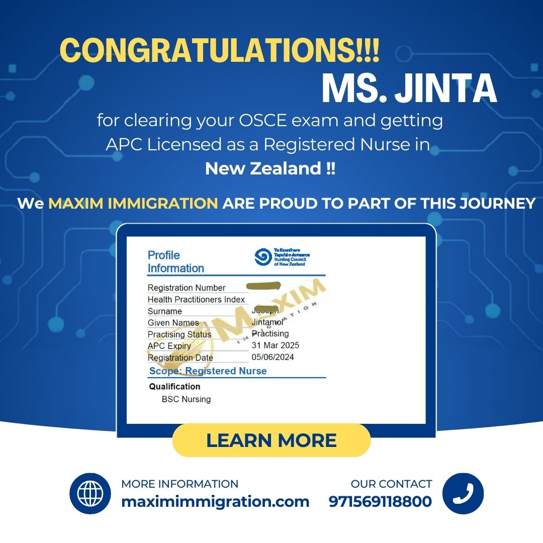 maximimmigrate's tweet photo. 🎉 Congratulations Ms Jinta! 🎉

We're delighted to celebrate 🎉 Ms Jinta for clearing her OSCE exam and earning her APC license as a registered nurse in #NewZealand. 
.
.
#sucessstory #visasuccess #success #achievement #osceexam #nurselife #visaapproved #storytime #immigration https://t.co/SjW386Cl1u