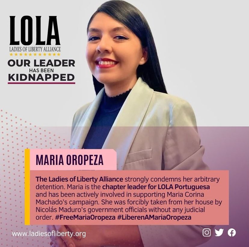 maggiemoda's tweet photo. Maria Oropeza was kidnapped last night by Venezuela’s government for her work opposing socialist dictator Nicholas Maduro. 

Please retweet to spread the word and send prayers to her and her family. She is a sister in freedom and is being persecuted. https://t.co/etbnMkqPlq