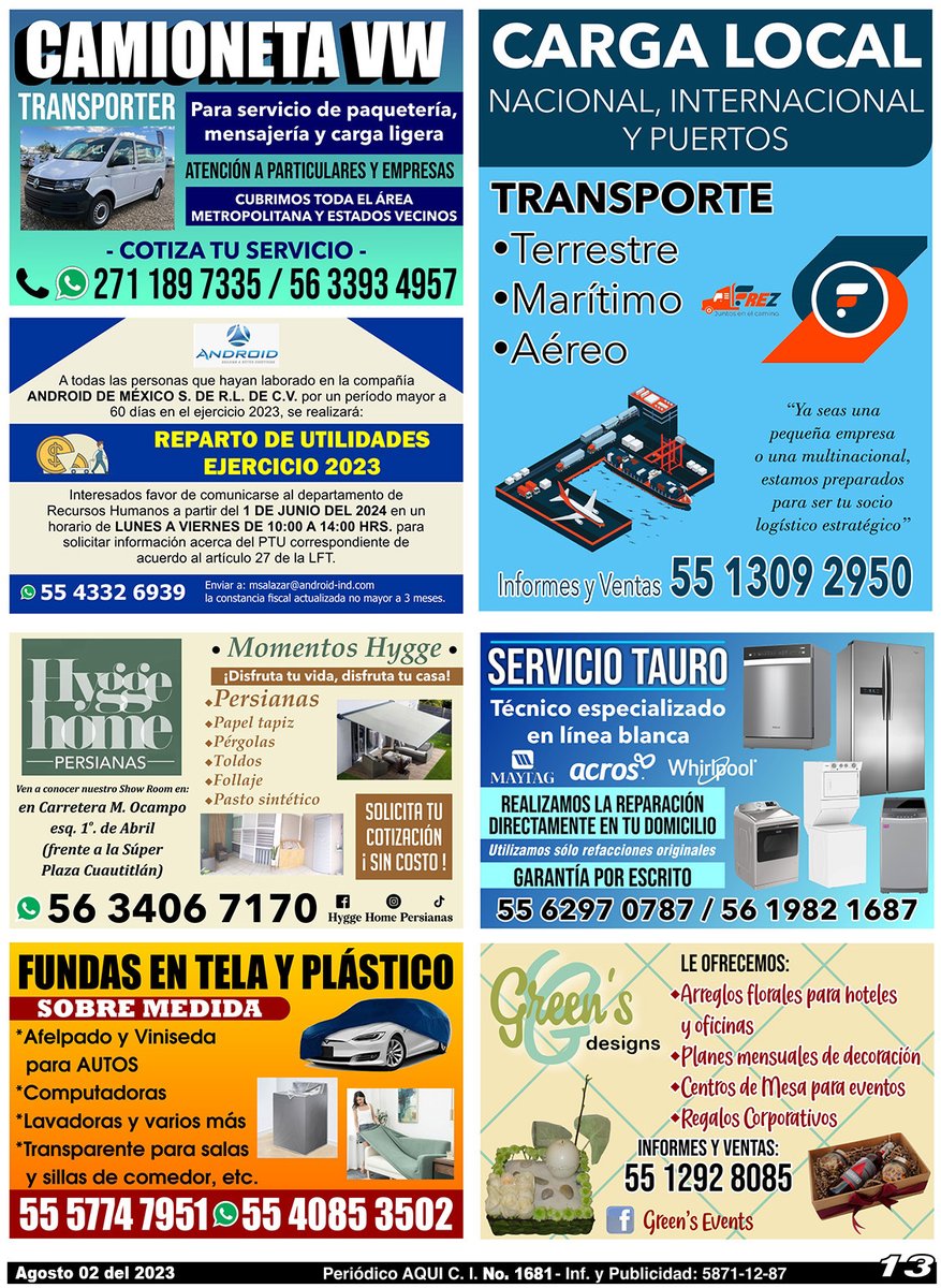 periodicoAQUI's tweet image. #paquetería #RepartoDeUtilidades #TRASPORTE #carga #logística #persianas #tecnicoenlíneablanca #fundasdetela #fundasdeplástico #arreglosflorales #regaloscorporativos #OmarTapia #AQUICUAUTITLÁNIZCALLI

Compártelo, puede ser de utilidad para alguien.

Nuestra Edición Completa.
