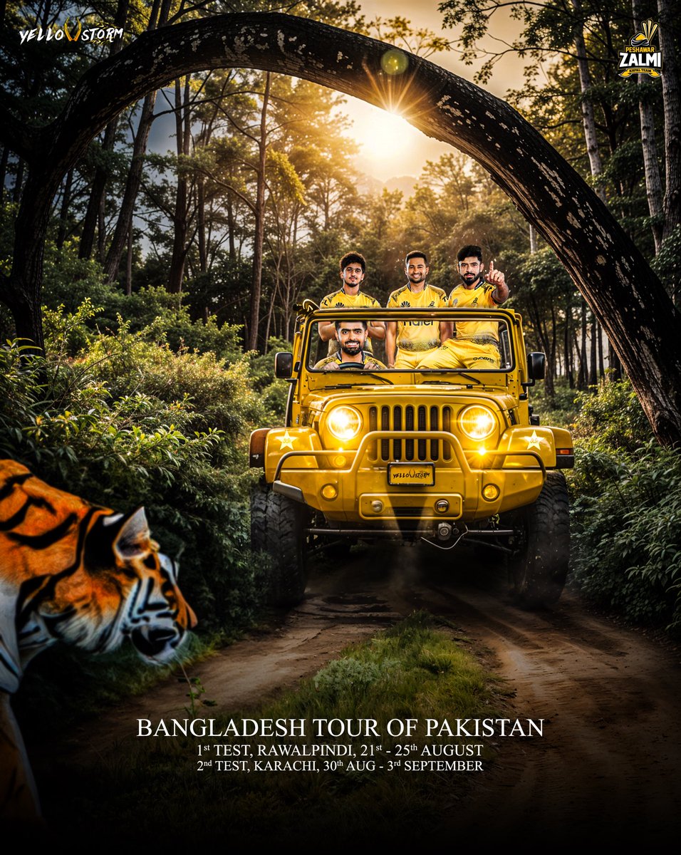 PeshawarZalmi's tweet photo. Join us in wishing the Zalmi boys @babarazam258 , @SaimAyub7 , @iaamirjamal , @RealKhurramPak , and Team Pakistan the best of luck for the upcoming Test series against 🇧🇩

Make us proud @TheRealPCB 💚

#Zalmi #YellowStorm #PAKvBAN https://t.co/gZ0vVkoHvS