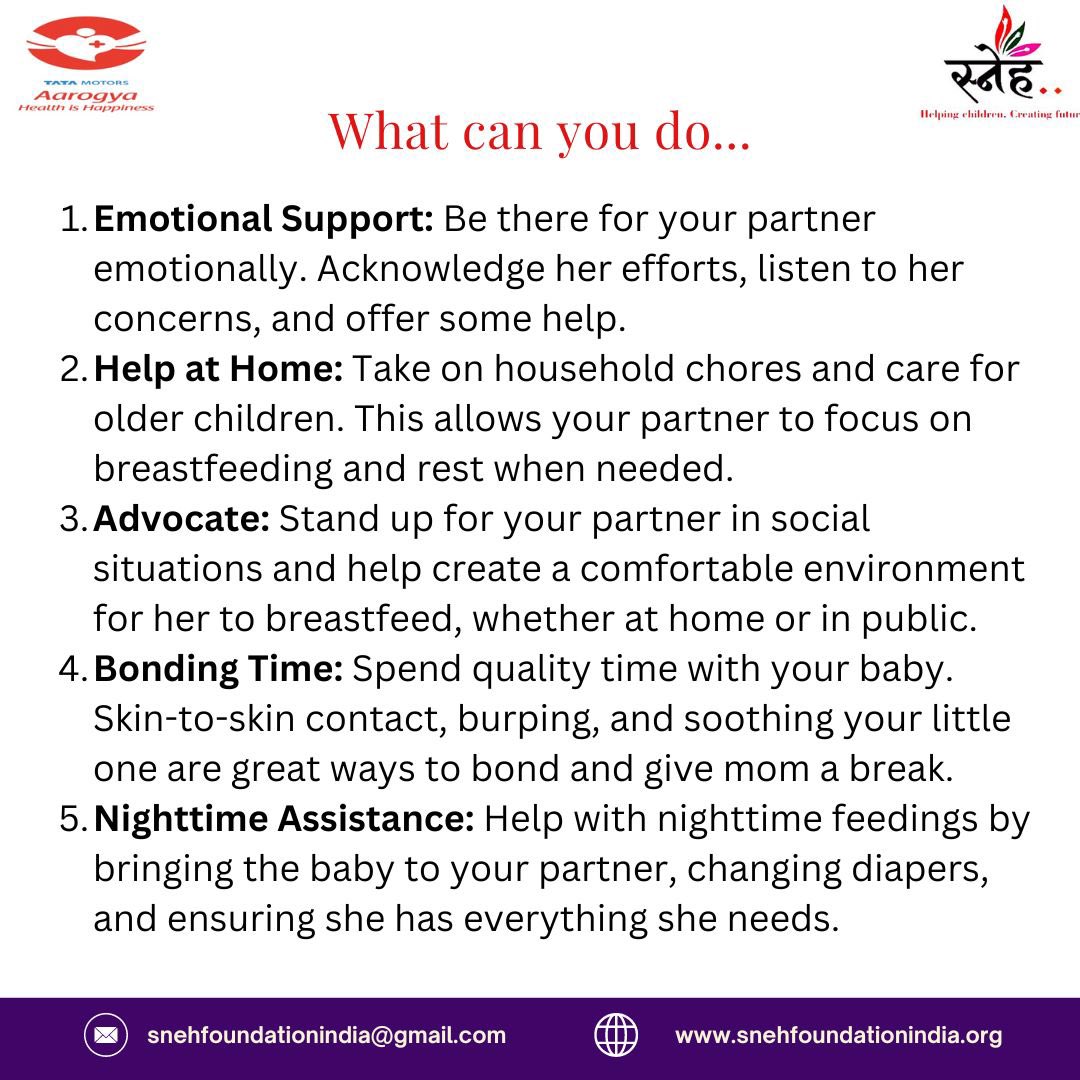 Dads, your support in breastfeeding—emotionally and with chores—creates a nurturing home. Your involvement makes a big difference!

#WorldBreastfeedingWeek #BreastfeedingSupport #WABA2024 #ProjectAddressingMalnutrition #TataMotors #SNEHFoundation