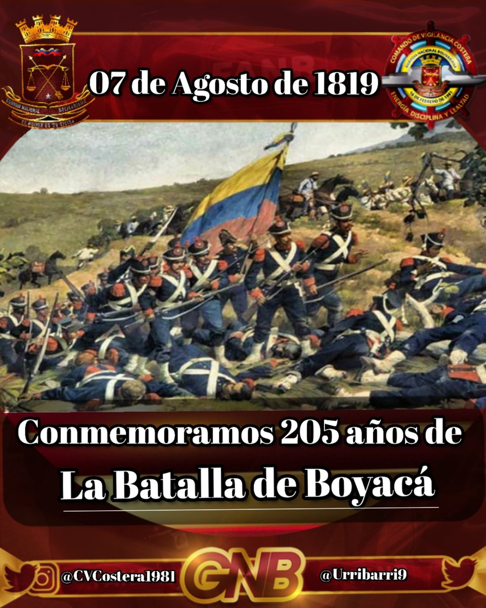 CVCostera1981's tweet image. #7Ago || 🇻🇪 Este día se conmemora la valentía de los héroes de la independencia durante la famosa Batalla de Boyacá, la cual formó parte del movimiento que emprendió Simón Bolívar para liberar al pueblo colombiano de la hegemonía española.