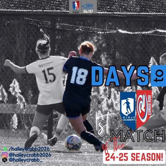 haileycrabb_'s tweet image. 🍿Only 1️⃣8️⃣ days away until @KSRushGA07’s 1st @GAcademyLeague game and I can start tackling. ⚽️ Let’s go!!!💙 #RUID 

@KSRGirlsAcademy @KS_RushSoccer @RushSoccer @ImYouthSoccer @ImCollegeSoccer @cap_rush @TheSoccerWire @TopDrawerSoccer @mattsmithsoccer @SRUSA_Official…