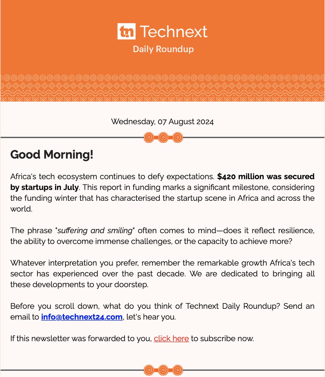 aforisms_'s tweet photo. Have you read the @technextdotng  daily tech roundup newsletter this morning?

If not, you can still read it here:

https://t.co/ntrHbY3IjV https://t.co/qPa1HQVoYR