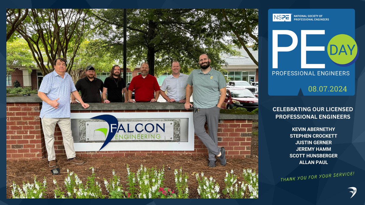 Falcon_Engineer's tweet photo. In recognition of PE Day, we’re giving a shout out to our own licensed Professional Engineers (PE) at Falcon. We appreciate your commitment to protect the health, safety, and welfare of the public – and all your contributions to Falcon! #LicensedPEDay https://t.co/TmIFCSU6PN