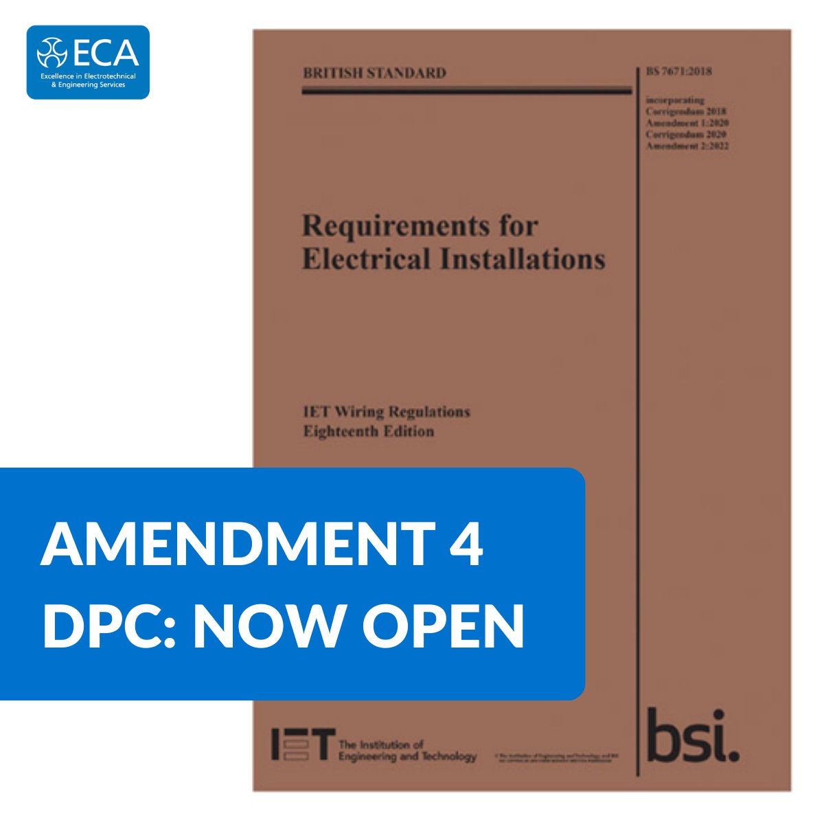 ECALive's tweet photo. The Draft for Public Consultation (DPC) on Amendment 4 to the Wiring Regulations is now open and ECA is ready to support you through the changes!

Read more: https://t.co/uqOsw0fmVR https://t.co/tce7ORnAfx