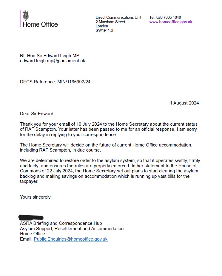 I wrote to the Home Secretary on 10 July seeking clarity on the future of Scampton. I waited all this time for a non-reply from a civil servant.

Labour promised to release the site to West Lindsey but now they only say a decision will be made “in due course”.