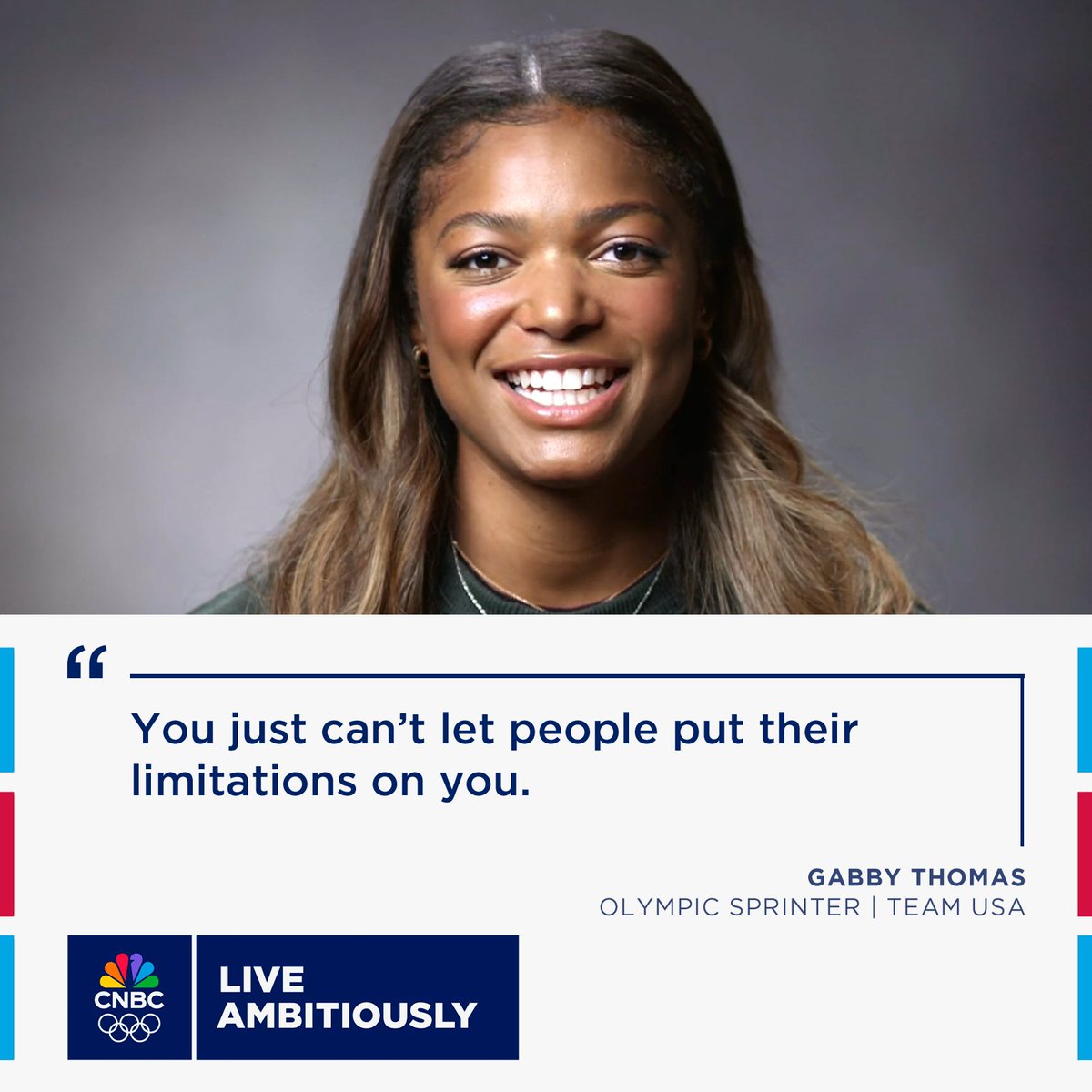 CNBCAmbition's tweet photo. Olympic medalist @itsgabbyt is shattering all limitations to reach her ambitions!

Thomas sprinted her way to gold in the women’s 200m final at the Paris Olympics.

#ParisOlympics #GabbyThomas #Paris2024 #trackandfield #cnbc https://t.co/lAjfJRMnX8