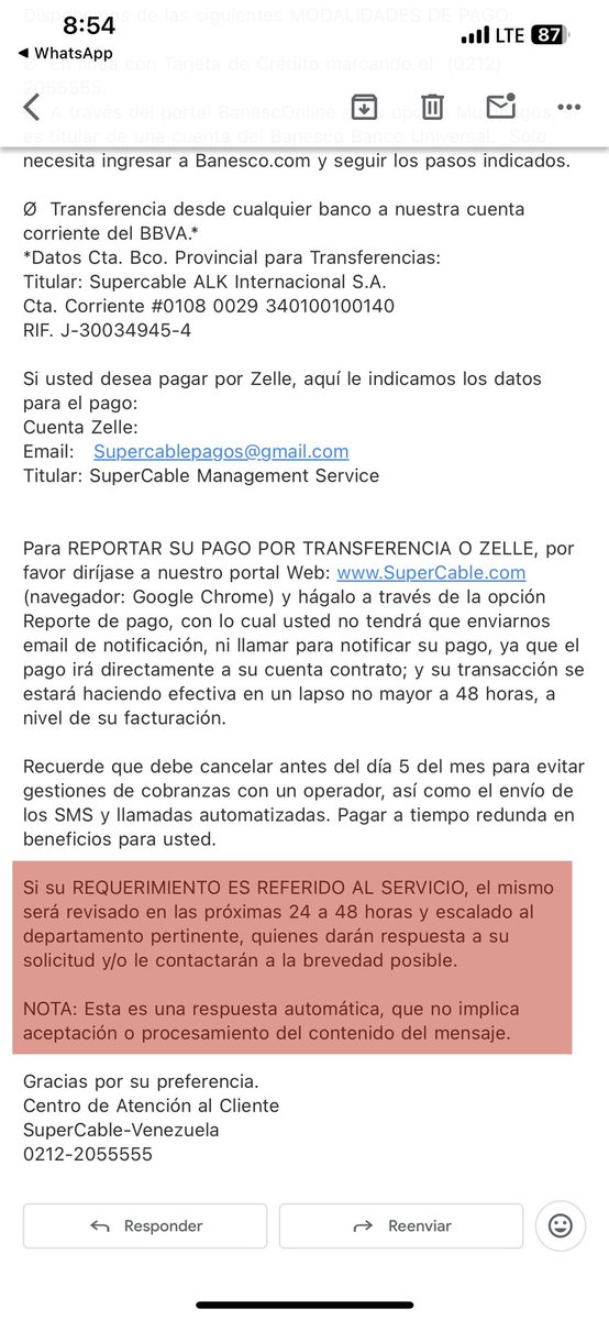 Uno envía correo electrónico a <a href="/SuperC_Reporta/">SuperCableReporta</a> <a href="/SuperCableVen/">SuperCable Venezuela</a> para reportar una falla que tenemos desde el viernes, y que por ineptitud de su servicio de ATC, se tuvo que realizar el lunes (porque no trabajan fines de semana) y esta es la respuesta automática