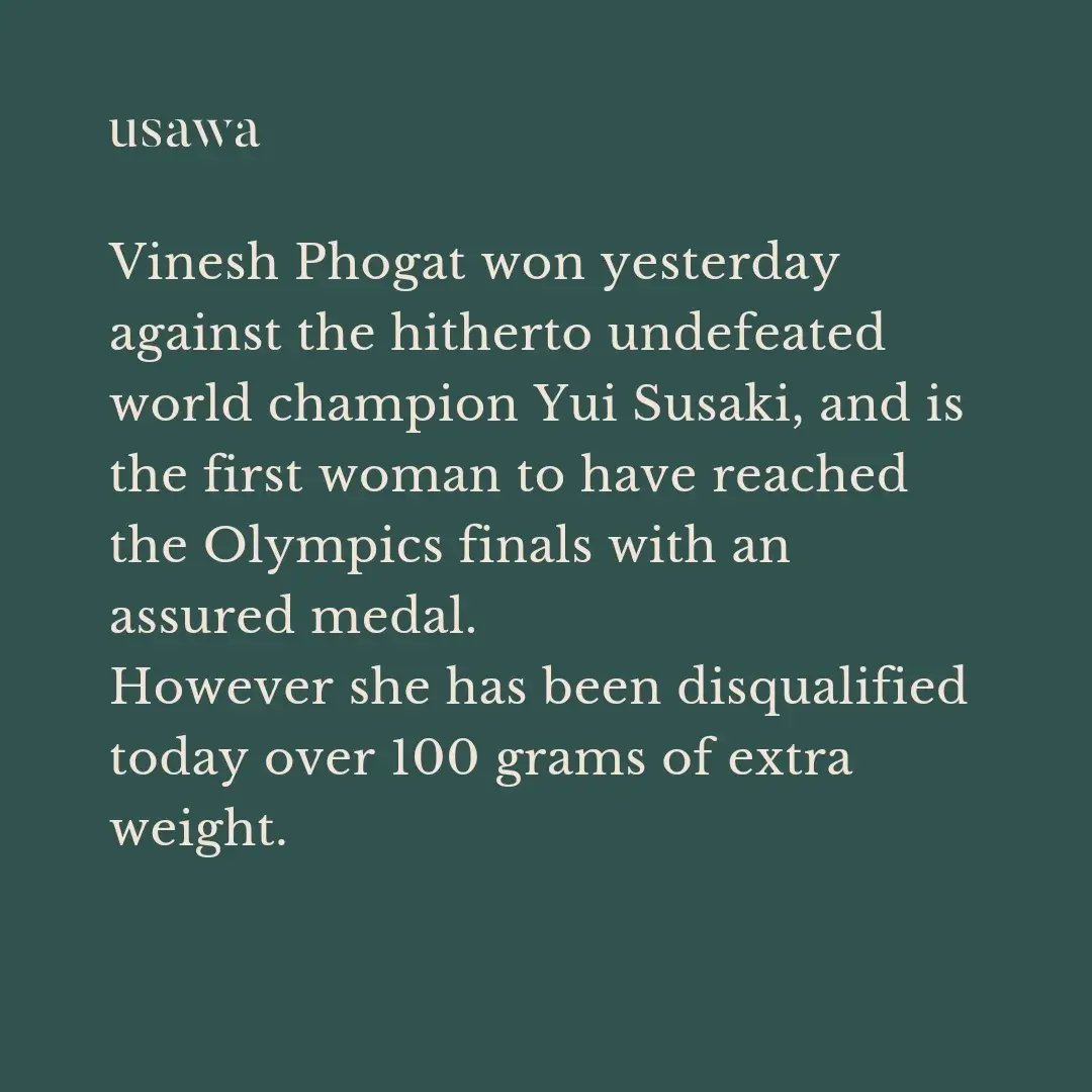 usawamag's tweet photo. Vinesh, you are our gold 🥇
You are our champion 🏆
We're with you ❤️
#VineshPhogat #GoldMedal #Champion #OlympicFinals #IndianWrestling #YuiSusaki #Disqualification #ExtraWeight #SportsNews #ProudMoment #India #SupportVinesh https://t.co/pcZKm27CKQ