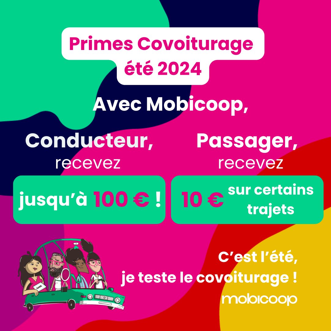 Mobicoop - La mobilité partagée (@mobicoop) on Twitter photo Profitez de l'été pour tester le covoiturage !
📷 Pour le passager, <a href="/Mobicoop/">Mobicoop - La mobilité partagée</a> verse 10€ sur certains trajets jusqu'à fin septembre, en plus de la prime covoiturage de l'Etat.
📷 Pour le conducteur, recevez jusqu'à 100 € !
#covoiturage #mobilité #summer2024 #gestionbudget Profitez de l'été pour tester le covoiturage !
📷 Pour le passager, <a href="/Mobicoop/">Mobicoop - La mobilité partagée</a> verse 10€ sur certains trajets jusqu'à fin septembre, en plus de la prime covoiturage de l'Etat.
📷 Pour le conducteur, recevez jusqu'à 100 € !
#covoiturage #mobilité #summer2024 #gestionbudget