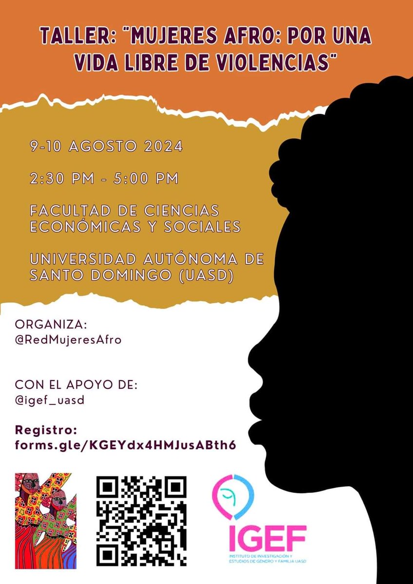 CumbreAfro's tweet photo. 📢 Sé parte del taller "Mujeres afro: Por una vida libre de violencias".
👥️Esta es una iniciativa de la #RMAAD con el apoyo del Instituto de Investigación y Estudios de Género y Familia de la UASD.
⚠️Cupos limitados
📝Link de inscripción:
https://t.co/VkyCDyonDk https://t.co/BI1URZNKyx