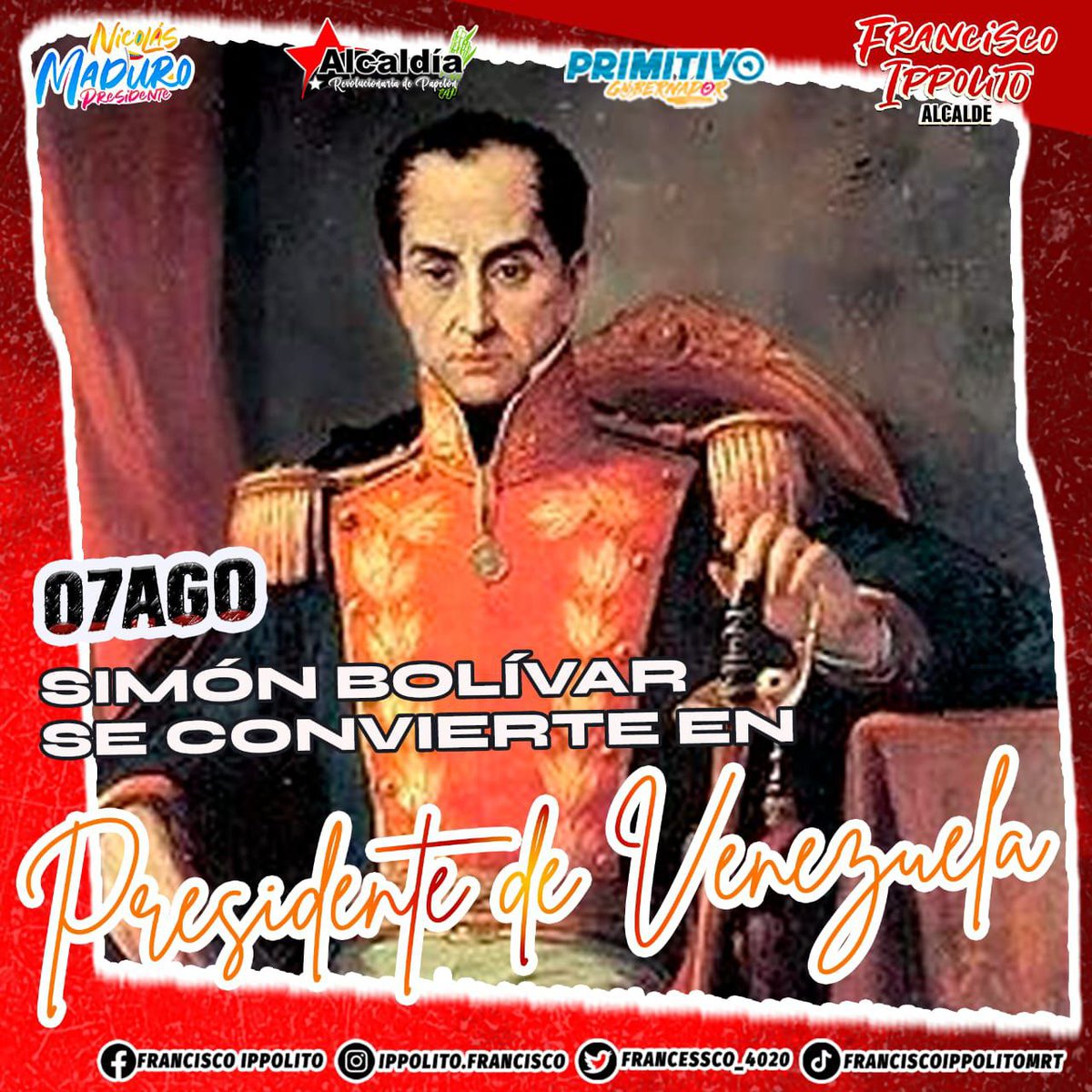 El 07 de agosto de 1813 Simón Bolívar se convierte en Presidente de Venezuela a partir de esa fecha y hasta unos meses antes de su muerte en 1830, ejerció el poder supremo en Venezuela y luego en la Gran Colombia.
#PapelónRenace