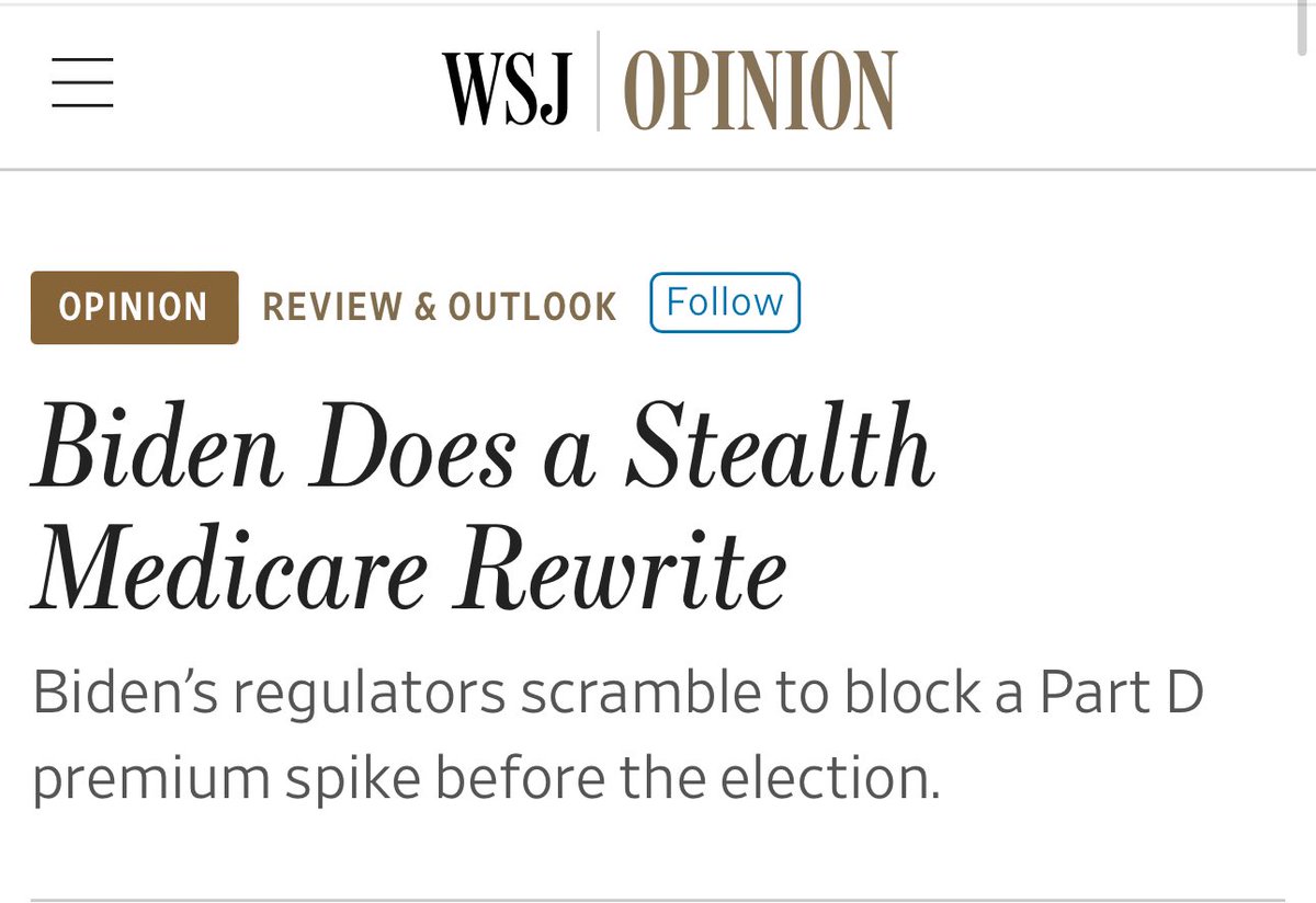 So Biden and Kamala raided Medicare (in the Inflation Reduction Act) to fund EV tax credits.

That caused premiums for seniors’ prescription costs to spike 

NOW the Biden/Harris admin is covertly trying to pay off insurers to NOT increase premiums until after the election.