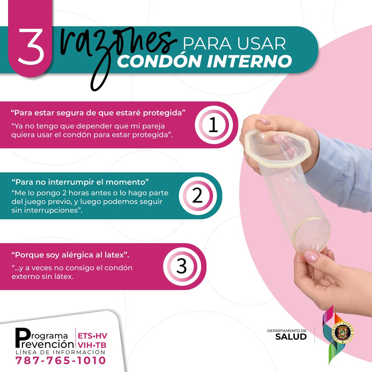 deprevencionpr's tweet image. 🔹 3 razones para considerar el uso del condón interno.

📞 Para más información, llama al 787-765-1010.

@desaludpr 

#SaludSexual #Protección #CondónInterno #Prevención