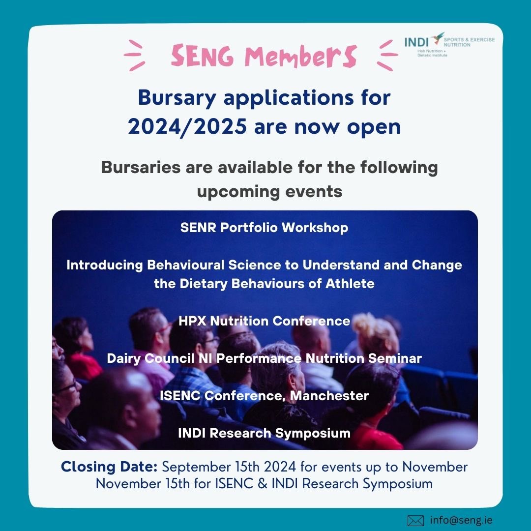 The SENG has opened applications for travel bursaries to attend upcoming events/conferences in sports and exercise nutrition. 

SENG members can apply by emailing their form to info@seng.ie by Sept 15, 2024, for events up to Nov, &amp; Nov 15 for ISENC &amp; INDI Research Symposium.