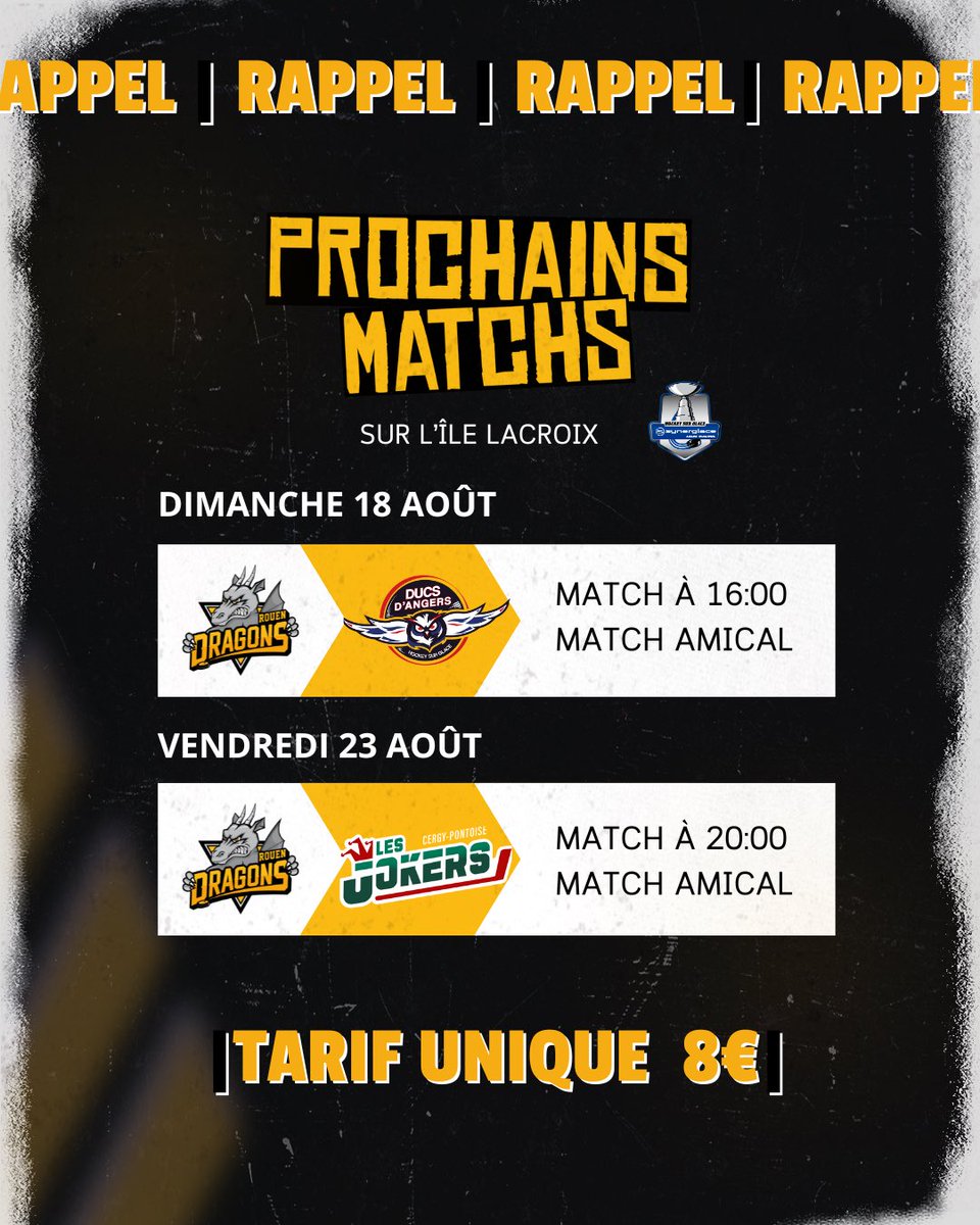 DragonsdeRouen's tweet photo. RAPPEL BILLETTERIE 💛🖤

Ne ratez pas le retour de vos Dragons sur l’île Lacroix lors des matchs amicaux du 18 et 25 août.

👉 https://t.co/7mdsXfw7uG https://t.co/PzzIAJwHkd