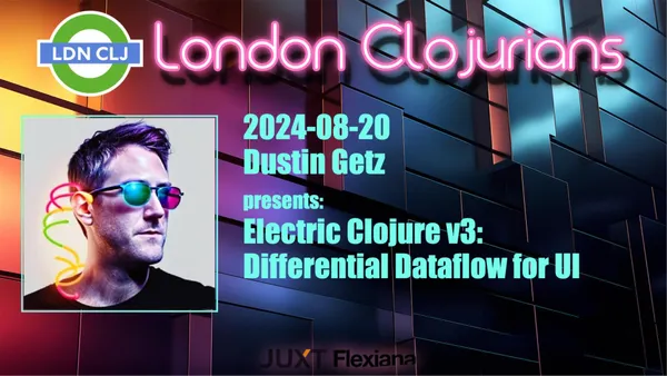 dustingetz's tweet photo. New Talk Announcement! @ldnclj presents:

"Electric Clojure v3: Differential Dataflow for UI"
Yes, this is a virtual event! Come join us on Tuesday, August 20 where I'll be presenting the first live examples of Electric v3, demonstrating how Electric's new differential semantics reveal and align with the deep computational structure of a user interface.
https://t.co/GxRRWdwKCx @ElectricClojure #Clojure