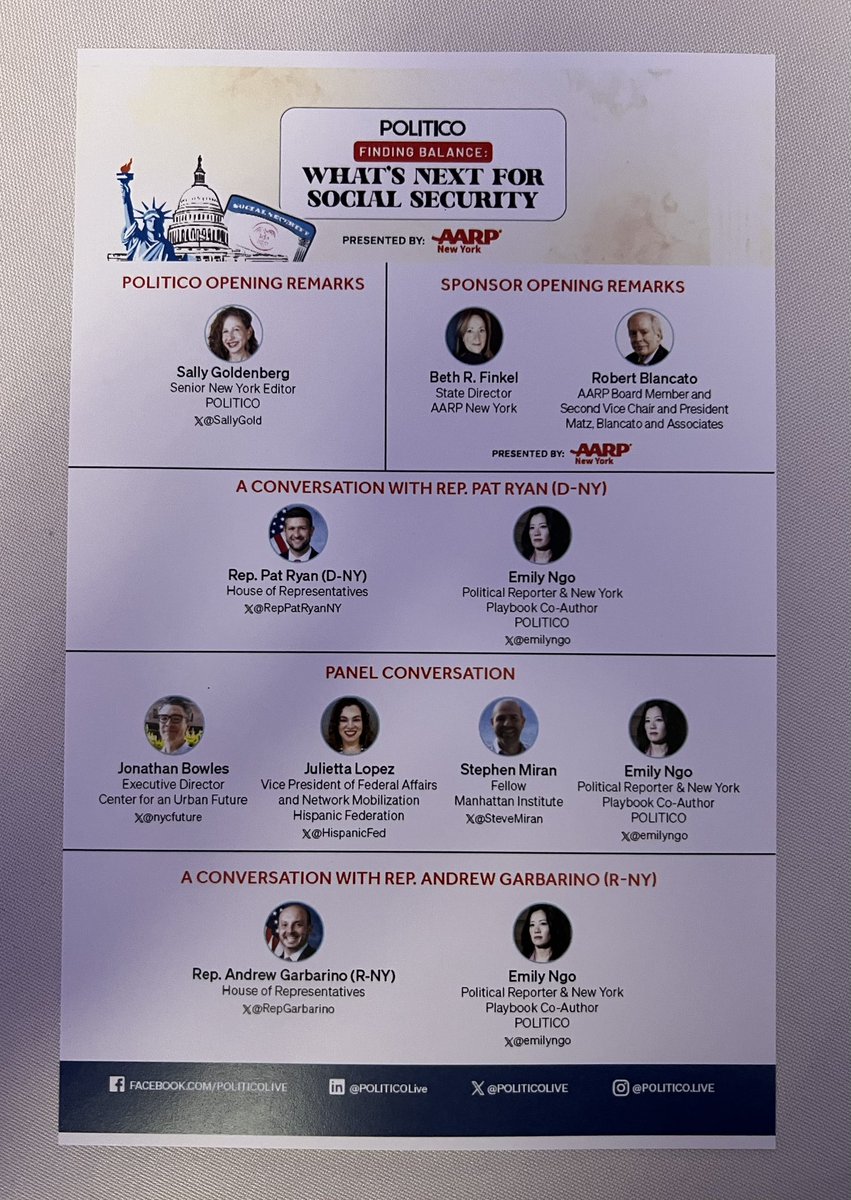AARPNY's tweet photo. #AARPNY is live with @PoliticoLive to discuss the future of #SocialSecurity. Hear from w/@RepPatRyanNY @RepGarbarino @jbowlesnyc/@nycfuture, @JuliettaLopez44/@HispanicFed &amp; @SteveMiran/@ManhattanInst, @BethNY @emilyngo https://t.co/swDri91HOE