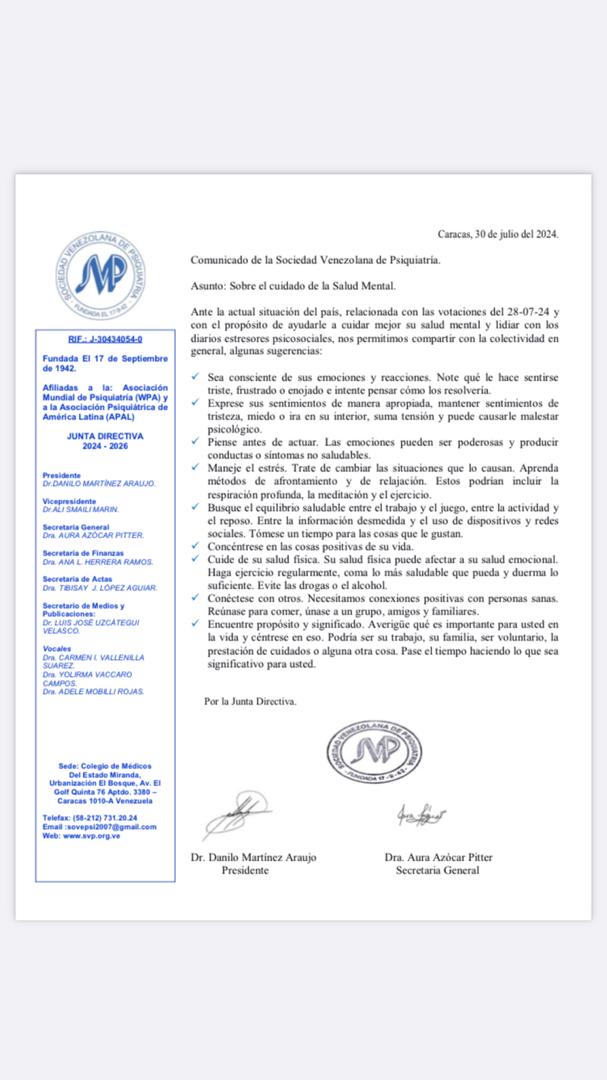 Recomendaciones de la Sociedad Venezolana de Psiquiatría para la salud mental en estos días