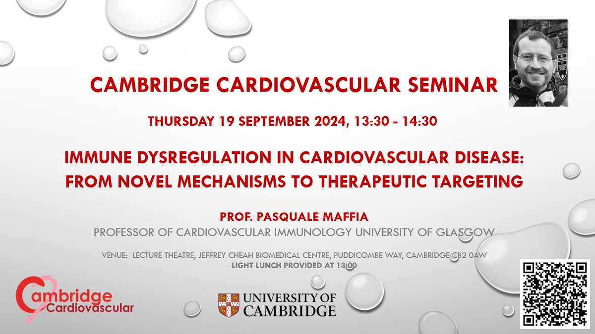 CambridgeCardio (@cambridgecardio) on Twitter photo Studying or working in Cardiovascular Research?
Then why not come along to our next Seminar where we will be hearing about Immune Dysregulation in Cardiovascular Disease: From Novel Mechanisms to Therapeutic Targeting with <a href="/PasqualeMaffia/">Pasquale Maffia</a> Studying or working in Cardiovascular Research?
Then why not come along to our next Seminar where we will be hearing about Immune Dysregulation in Cardiovascular Disease: From Novel Mechanisms to Therapeutic Targeting with <a href="/PasqualeMaffia/">Pasquale Maffia</a>