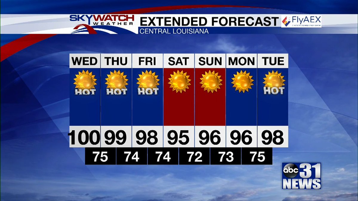 Today - Sunny and hot, with a high near 99. Heat index values as high as 103. Calm wind becoming northwest around 5 mph.
Tonight - Clear, with a low around 75. Calm wind.