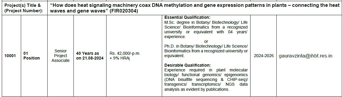 1/2 ONLINE INTERVIEW for "Senior Project Associate (SPA)" position for the project “How does heat signaling machinery coax DNA methylation and gene expression patterns in plants – connecting the heat waves and gene waves”
Fill online performa &amp; email me:  gauravzinta@ihbt.res.in
