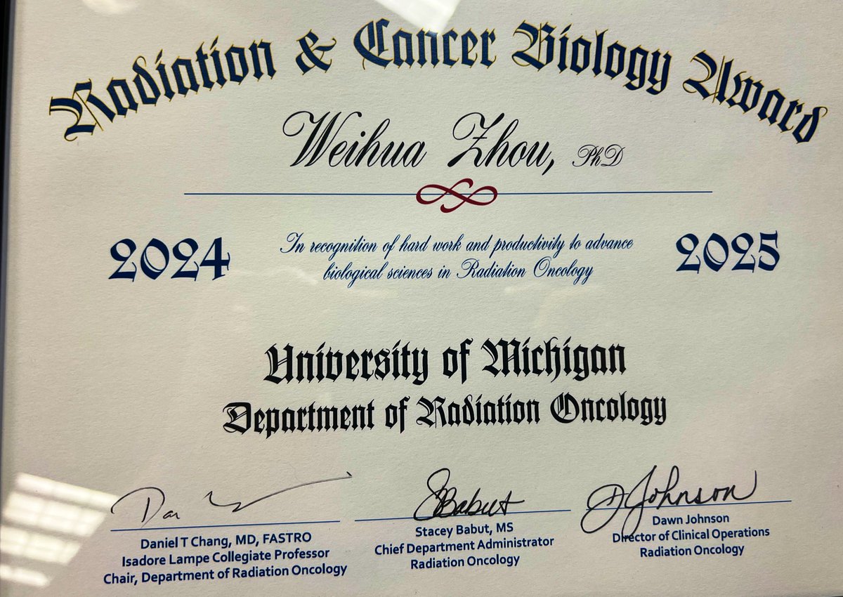Daniel Wahl (@danwahlmd) on Twitter photo Congratulations to <a href="/WeihuaZhou5/">Weihua Zhou</a> , who received a <a href="/UMichRadOnc/">UMich Rad Onc</a> faculty award yesterday for her outstanding work in the laboratory and classroom! Congratulations to <a href="/WeihuaZhou5/">Weihua Zhou</a> , who received a <a href="/UMichRadOnc/">UMich Rad Onc</a> faculty award yesterday for her outstanding work in the laboratory and classroom!