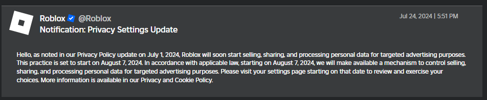 Beluga12134's tweet photo. Roblox Is gonna start selling our personal data such as our numbers our private messages and more !!!
Starting from today 7th August 2024!!
#ROBLOX https://t.co/xFRo8PaNez