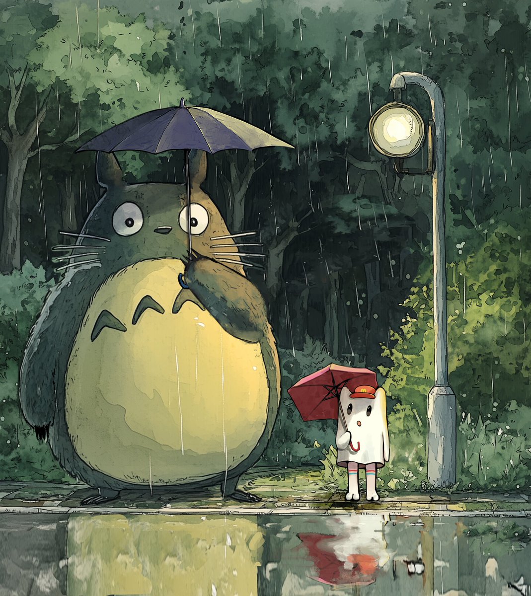 TabiVibe's tweet photo. For the first time, Shiro saw Totoro holding an umbrella instead of balancing a leaf on its head in the rain. https://t.co/Q8QYDmHwlw
