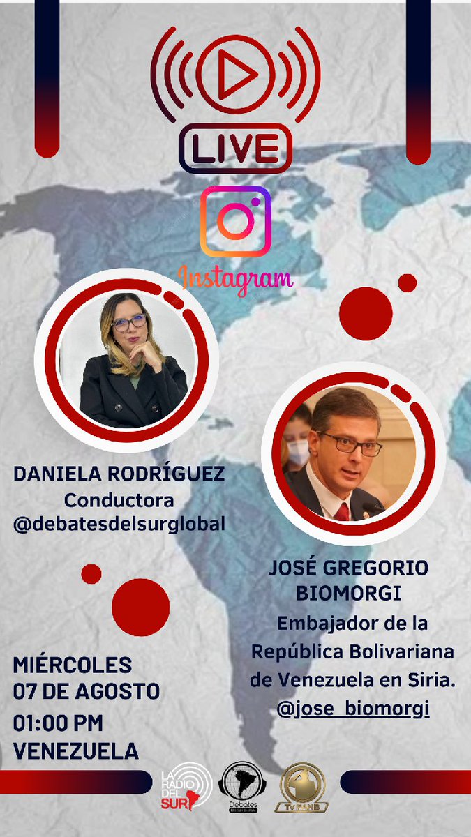 Debates del Sur Global 🌎 (@debatesdelsur) on Twitter photo ¡No te lo pierdas! de un #Live muy especial que tendrá nuestra Dra <a href="/danialerodrimar/">Daniela A. Rodríguez M.</a> con <a href="/Jose_Biomorgi/">José Gregorio Biomorgi Muzattiz</a>. Embajador de la República Bolivariana de Venezuela en Siria, donde debatirán temas de interés para todos ustedes.
La cita es a la 1pm ¡Te esperamos! ¡No te lo pierdas! de un #Live muy especial que tendrá nuestra Dra <a href="/danialerodrimar/">Daniela A. Rodríguez M.</a> con <a href="/Jose_Biomorgi/">José Gregorio Biomorgi Muzattiz</a>. Embajador de la República Bolivariana de Venezuela en Siria, donde debatirán temas de interés para todos ustedes.
La cita es a la 1pm ¡Te esperamos!
