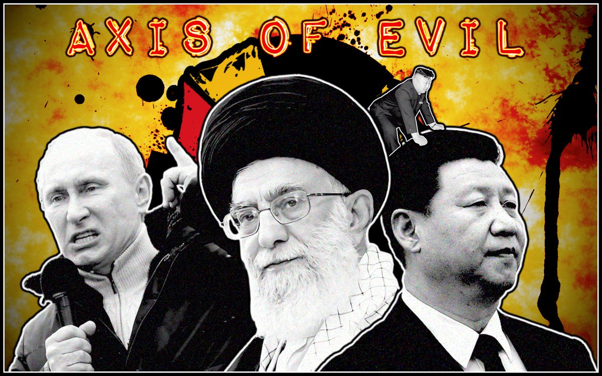 Dr_Kryptic's tweet photo. Axis of Evil, redefined.

Vladimir Putin of Russia's "Kretin".
Xi Jinping of the "Chinese Collapsing Party".
Ali Khamenei, the Shia Marja of Iran, i.e., the current "Supreme Leader" of camel piss.
Last, &amp; certainly least, Kim Jong Un, the Supreme Leader of dirt and corrosion.

;) https://t.co/4ZovcT6Jrf