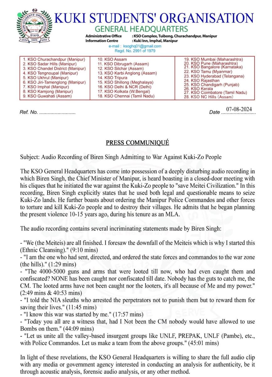 hatjalhai's tweet photo. The kuki Students Organisation' authenticates the viral audio of CM N Biren singh. Statements and actions of Biren Singh, using inflammatory rhetoric that aggravates ethnic divisions favoring the Meitei community have heightened tensions with the Kuki community.

#BirenExposed