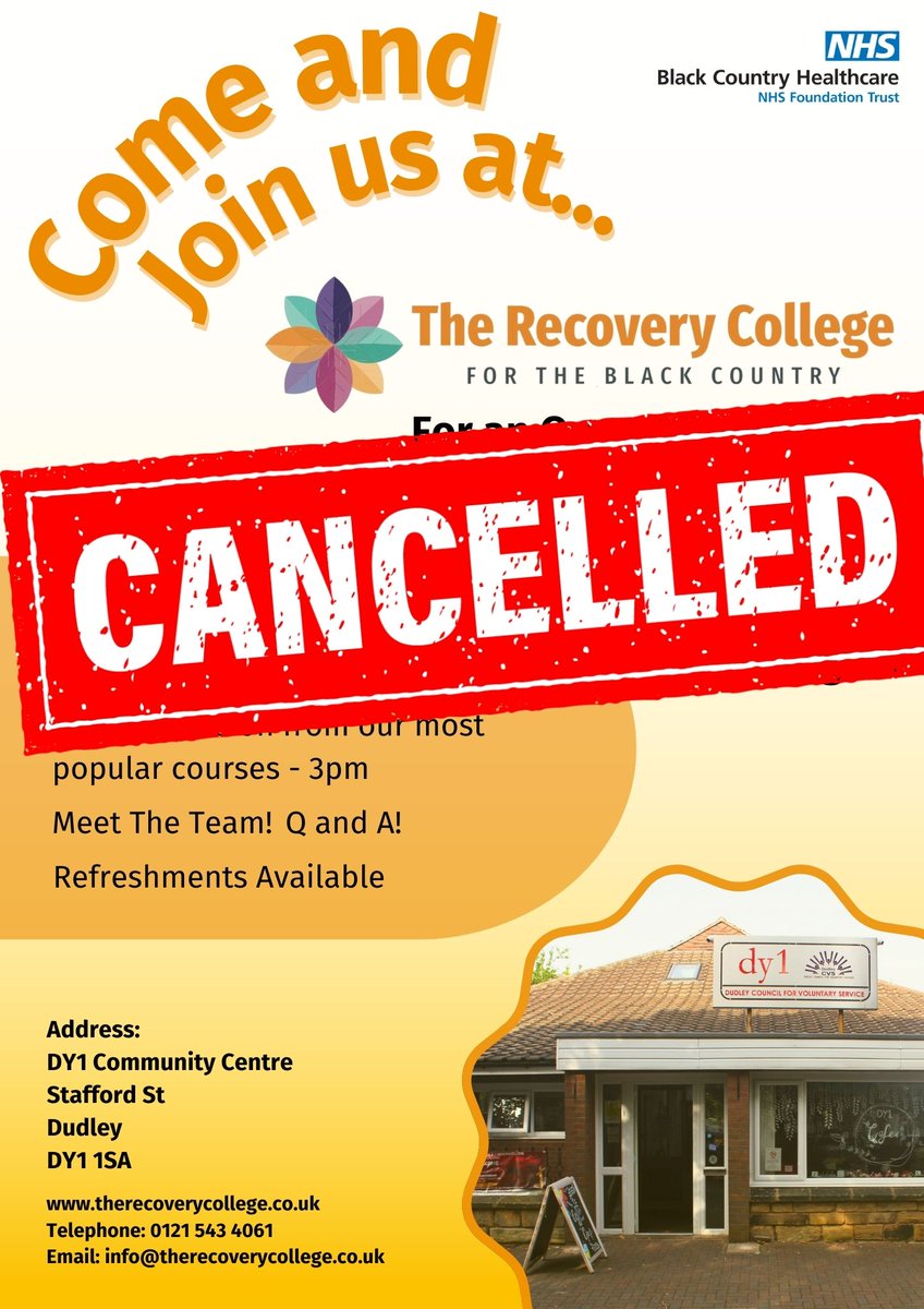The Recovery College (@recoverycolleg3) on Twitter photo Due to national tensions, unfortunately we have had to cancel our open day at Dy1 Community Centre tomorrow. Instead, we will be running an online Information Session from 2pm - 3pm, via Zoom. If you would like to join please contact the college at: info@therecoverycollege.co.uk Due to national tensions, unfortunately we have had to cancel our open day at Dy1 Community Centre tomorrow. Instead, we will be running an online Information Session from 2pm - 3pm, via Zoom. If you would like to join please contact the college at: info@therecoverycollege.co.uk