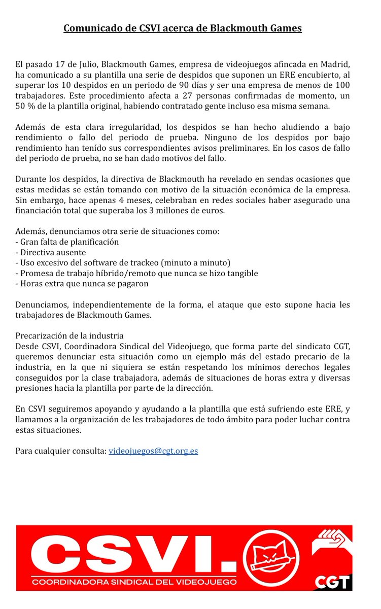 Desde CSVI queremos denunciar los despidos masivos en Blackmouth.

Os dejamos a continuación un comunicado realizado en conjunto con la plantilla.

Frente a la ofensiva de la patronal, solidaridad de clase 🔥