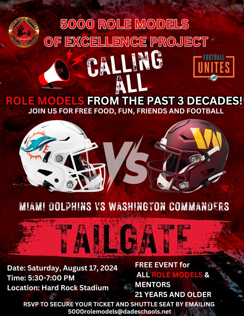 5000 Role Models (@5000rolemodels) on Twitter photo Calling all Role Models from the past 3 decades. π£π£π£
RSVP:5000rolemodels@dadeschools.net
#WeAre5000β₯οΈπ€ππΎ
#FootballUnites Calling all Role Models from the past 3 decades. π£π£π£
RSVP:5000rolemodels@dadeschools.net
#WeAre5000β₯οΈπ€ππΎ
#FootballUnites